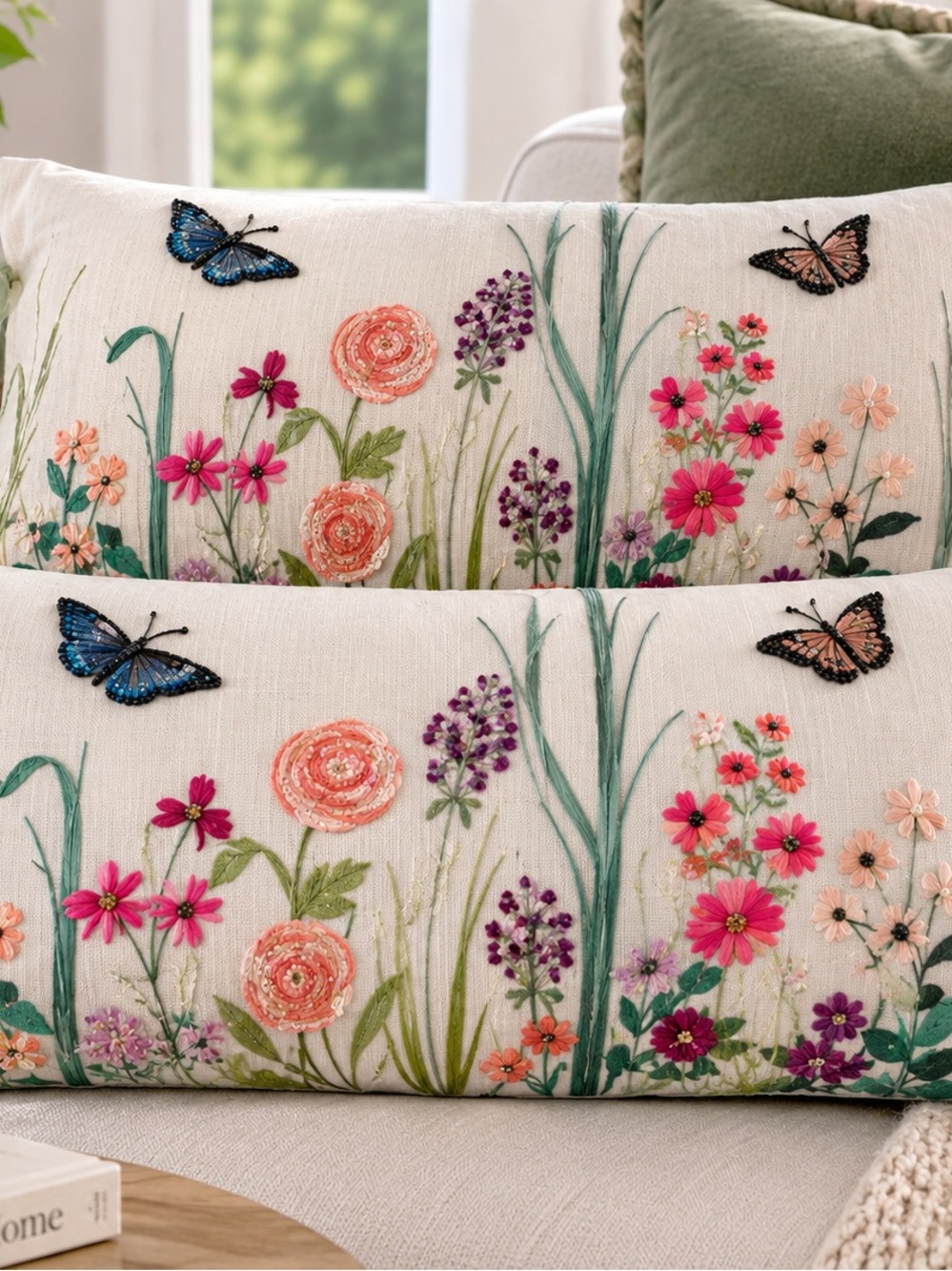 Set of 2 Embroidered Floral Butterfly Lumbar Pillows 12x23 Beaded Sequin